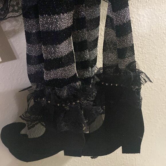 Gothic Velvet Damask Lace Halloween Table Runner with Hanging Grey Witch Legs - Picture 5 of 5